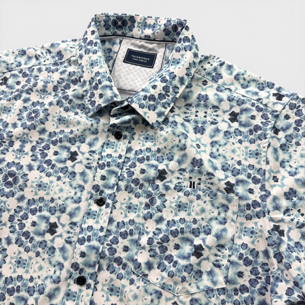 7 Diamonds Button Down Shirt Mens L Blue Astronaut In The Ocean 4-Way Stretch